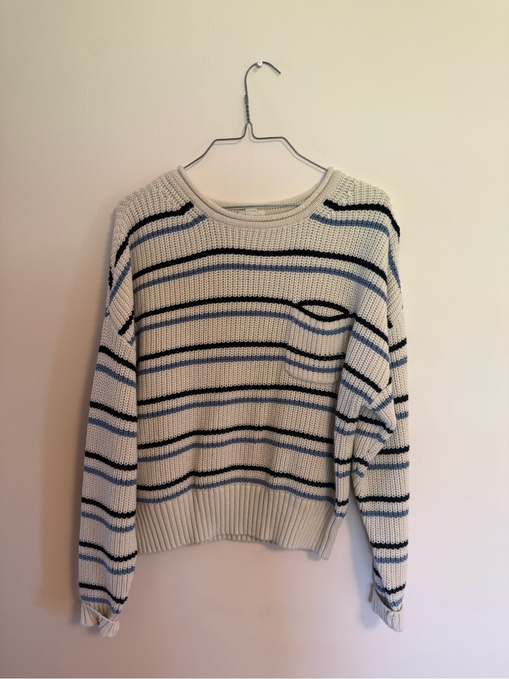 a.n.a Cream Crewneck Sweater with Blue and Navy Stripes